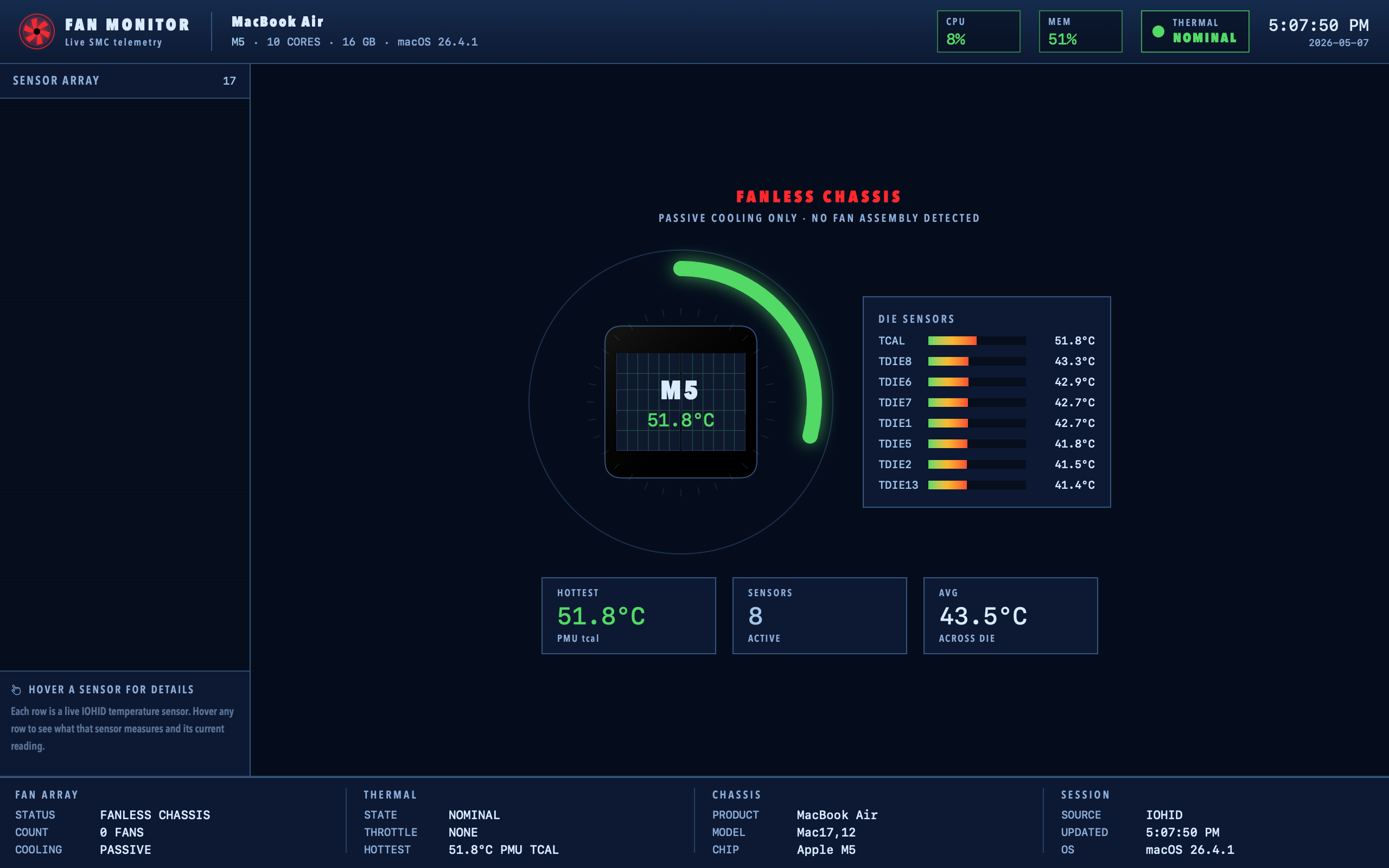 Heatsink dashboard for a fanless MacBook Air with M5 chip